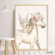 Baby, Girl Nursery Wall Art Prints Watercolour Boho Pony, Horse. Nursery Decor