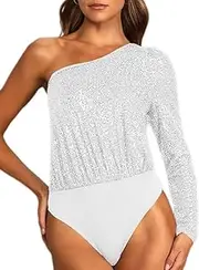 [Generic] One Shoulder Sequin Bodysuit for Women Sparkle Glitter Long Sleeve One Piece Top Bodysuits with Sheer Mesh Thong