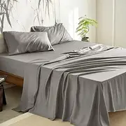 [Wake In Cloud] 100% Bamboo Sheets, Ultra Soft Sheet Set Bedding for Hot Sleepers, Deep Pocket, 4 Pieces, Grey, Queen Size
