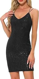 [Allegra K] Women's Sequin Dress Glitter Spaghetti Straps Backless V-Neck Mini Party and Club Mini Dress