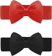 [Allegra K] Women's 2Pcs Bowknot Elastic Belts, 2.4" Width Elegant Cute Stretchy Cinch Waistband for Dress Wedding Black+Red Fit Waist:24-32 inches