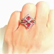 Ring Simulated Ruby Sapphire Diamond Sz 8 Clover Blossom Fleur Brilliant Sparkle