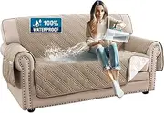 [Smarcute] 100% Waterproof Sofa Protector 2 Seater Modern Sofa Covers Waterproof and Washable Thick Soft Couch Cover for Dogs with Elastic Straps(2 Seat, Taupe/Beige)