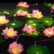 Solar Powered Lotus String Lights 2m 20LEDs Outdoor Waterproof Garland Light Garden Pond Yard Holiday Decoration Landscape Light (5 Flowers and 5 Leaves)