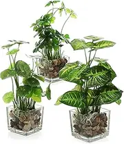 MyGift Set of 3 Artificial Plants Faux Tabletop Greenery w/ Clear Glass Pots