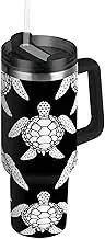 RPLIFE White Sea Turtles Black Tumbler with Handle and Straw 30 Oz, Insulated Stainless Steel Coffee Tumbler for Men Women Travel