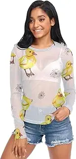 [RPLIFE] Yellow Ducks White Mesh Tops, Sheer Blouse S-XXL