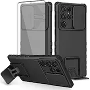 [Asuwish] Phone Case for Samsung Galaxy S22 Ultra 5G with Tempered Glass Screen Protector and Slide Camera Cover Kickstand Stand Slim Protective Cell S22ultra 22S S 22 S22ultra5g 6.8 Women Men Black