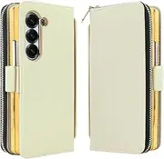 [XIMAND] for Samsung Galaxy Z Fold 6 Wrist Strap Zipper Case with Card Slot and Cash Compartment - RFID Protection Built-in Screen Protector and S Pen Slot & Lens Protection.(Off-White)