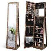Costway Rotating Jewellery Cabinet Storage Organizer Full-Length Mirror Lockable Armoire Brown