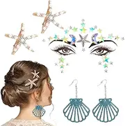 Mermaid Accessories Women, Glitter Stones Face Festival Accessories + 2 Starfish Hair Clips Shell Headband + 1 Pair of Earrings in Shell Shape, Rhinestones Face Mermaid Costume for Carnival (A)