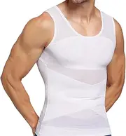 [Dewocke] Men's Shapewear Undershirt (XL) - Men's Compression Tank Top, Sporty Compression Shirt for Body Shaping and Posture Improvement with Double Layer Design and High-Quality Mesh Fabric, White,