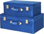 HofferRuffer Velvet Storage Trunks with Wood Frame, Set of 2 Storage Chests with Handles, Bedroom Organizer Nesting Upholstered Decorative Boxes Hinged Lid with Gold Hardware Accents (Blue)