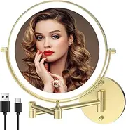 MIROAMZ Rechargeable Wall Mounted Lighted Makeup Vanity Mirror 8 Inch Double Sided 1X 10X Magnifying Bathroom Mirror, 3 Color Lighting, Touch Screen Dimming, 360 Rotation Shaving Mirror Gold