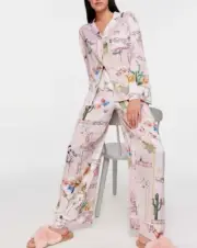 NEW PETER ALEXANDER FLORAL POLY SATIN TOP PANTS PJ SET WOMENS SMALL S RRP$139