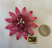Vintage Coro Flower Brooch Pin Bloom Layer 3D Pink Enamel Rhinestone Estate