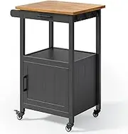 Qsun Kitchen Island Cart on Wheels with Drawer, Storage Cabinet, Shelf and Side Hook, Rolling Kitchen Cart with Rubber Wood Countertop, Microwaves Stand for Small Space, Black