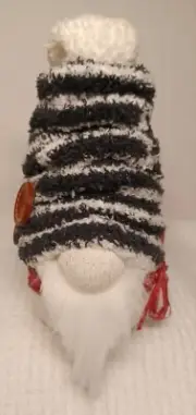Handmade Gnome-White Beard, Black/White Striped Hat, White Bottom & Red Belt. 7"