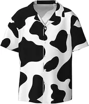 [YANYU] Cow Spot Print Hawaiian Shirts Men Short Sleeve Button Down Cuban Collar Shirt Summer Beach Days