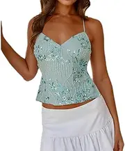 [FGAoTeng] Summer Sequin Cami Top for Women - Colorful Beaded Strapless Glitter Crop Spaghetti Tank, Backless Tie V Neck Y2K Sleeveless Shirt for Party Club Festival Outfits