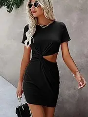 Haoyuce Womens Summer Deep V Neck Sexy Twist Front Cut Out Dress Mini Short Dresses (Color : Black, Size : Medium)