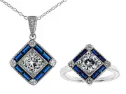 NWT JTV Bella Luce Blue Spinel And White Cubic Zirconia Silver Ring And Pendant