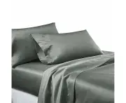 Grey Silk Satin Sheet Flat Fitted Sheet Pillowcase Set