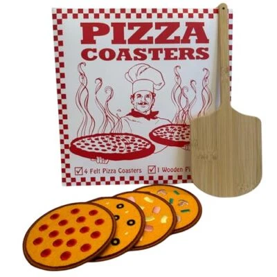White Elephant Gifts - Set of 4 Felt Pizza Drink Coasters with Mini Wooden