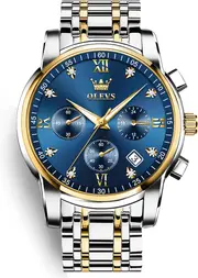 OLEVS Men's Chronograph Watch, Gold Silver Tone Stainless Steel Analog Quartz Watch, Multi-Function Waterproof Date Diamond Roman Numerals Dial Dress Watch for Men