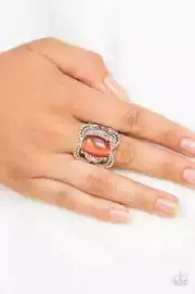 Paparazzi Ring- Go For Glow- Orange Cats Eye- Ornate Silver Leafy Pattern