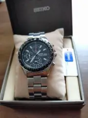 SEIKO Pilot Chronograph Quartz Watch Stainless Steel Black Dial Tested