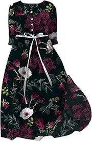 [Generic] Long Sundresses for Women Casual Summer Midi Long Sleeve Loose Dress Dresses with Bell Sleeves (Black-B, XL)