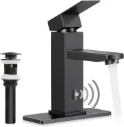 Touchless Bathroom Sink Faucet with Pop Up Drain & Deck Plate, Matte Black
