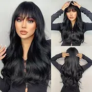 Long Black Synthetic Wigs for Women Natural Hair Wavy Wig With Bangs Cosplay Heat Resistant Black Hair Wig 26inch ChristmasPartyWigs