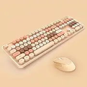 2.4G USB Wireless Keyboard and Mouse Combo, Multi-Color Typewriter Style Round Keycap, Cute Candy Colors, Compatible with Notebook, PC (104 Keys,Milk Tea)