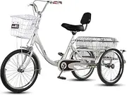 DEFGHIJ Three Wheel Bike with Shopping Basket Adult Tricycles Adjustable Backrest Seat Trike Bike Bicycle for Recreation Shopping Men's Women's Bike(Silver)