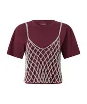 Pinko Sequin Embellished Cropped T-Shirt S,XS,L,M BURGUNDY/SILVER