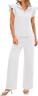 [BTFBM] Women Summer 2 Piece Sets Airport Outfits Ruffle Cap Sleeve Quarter Zip Top Wide Leg Pants Lounge Set Tracksuits
