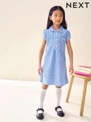 Mid Blue Cotton Rich Button Front Lace Gingham School Dress (3-14yrs) (C19763) | $19 - $25