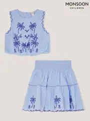 Monsoon Blue Palm Tree Embroidered Top and Skirt Set (W27279) | $83 - $95