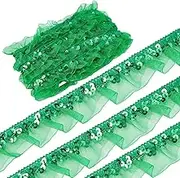 GORGECRAFT 13Yds Lime Green Organza Sequin Lace Gathered Mesh Stretch Pleated Lace Fabric Trim 1-1/8" Ruffled Floral Elastic Fringe Applique for Sewing Gift Package Wrapping Dress Cloth Crafts