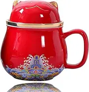 DEARART Beautiful Tea Cup with Lid Filter, 300ml with Strainer Easy to Clean Keep Hot, Steeping Loose Leaf Tea Bag, Coffee, Milk, Cute Cat, Red