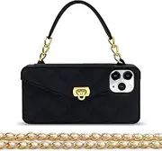 Omio for iPhone 11 Pro Max Wallet Case with Card Holder Luxury Chain Case with Long Pearl Shoulder Crossbody Lanyard Wrist Strap Soft Silicone Handbag Cover for Women Girls, Black