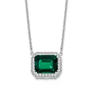 14K Solid White Gold Octagon Lab Emerald Diamond Necklace