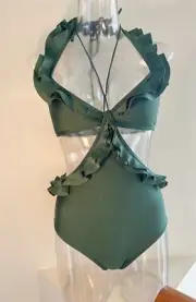 Zimmermann Estelle Ruffle Halter One Piece | Cutout, Green Liquorice, Ruffles