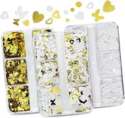 FOMIYES 3 Pack Nail Art Glitter Sequins Kit White Heart Butterfly Flower Round DIY Manicure Accessories Set of 3 Boxes