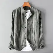 Men's Cotton Linen Shirt Chinese Collar Shirt Mandarin Collar Shirt Summer Shirt Beach Shirt Striped Shirts Striped Vacation Street Black White Gray Long Sleev