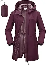 Outdoor Ventures Women's Rain Jacket Waterproof Packable Rain Coat Long Lightweight Packaway Windbreaker Breathable Running Golf Cycling Jacket with Hood