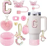 8PCS Cup Accessory Set for Stanley Cup 30oz 40oz, Includes Butterfly Straw Cover Cap, Silicone Boot, Alphabet Handle Charm, Initials Sticker, 2PCS Spill Proof Stopper, Heart Hook, Love Plush Ball. (C)