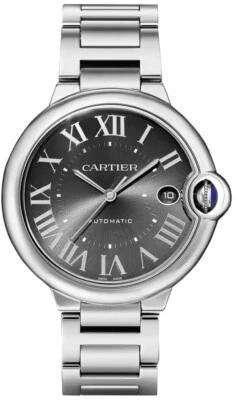 Cartier Ballon Bleu Dark Grey Roman Numeral Dial Mens Steel Dress Watch WSBB0060